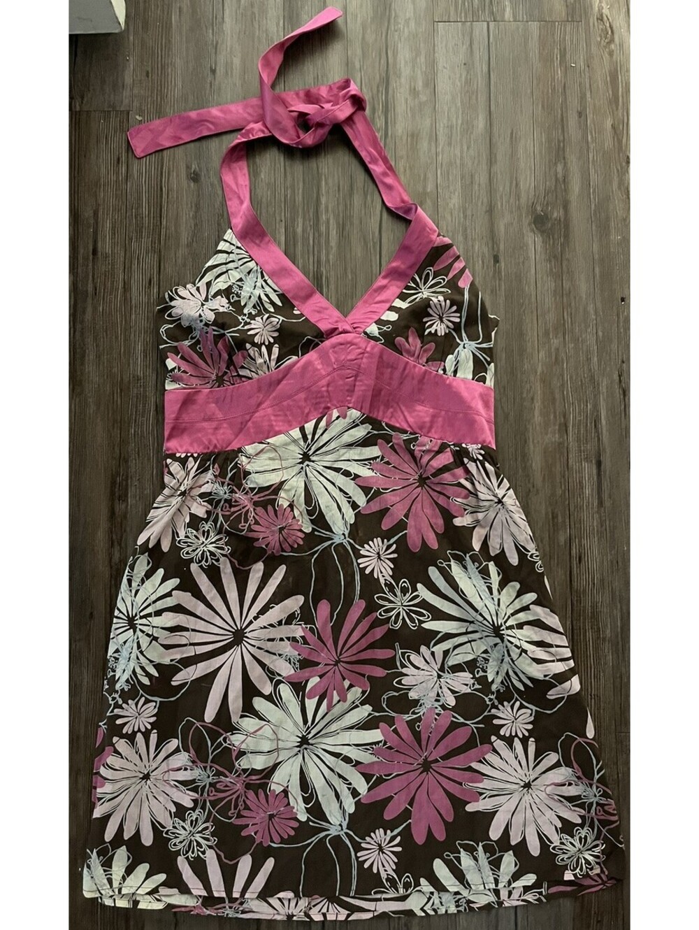 Vtg Y2K Wet Seal Halter Top Mini Dress M Brown Pink Floral